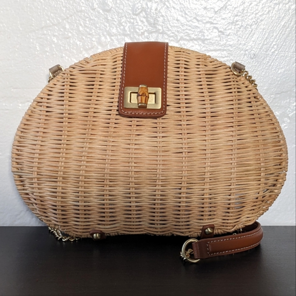 Talbots Straw Basket Clamshell Crossbody Purse with Metal Chain Strap